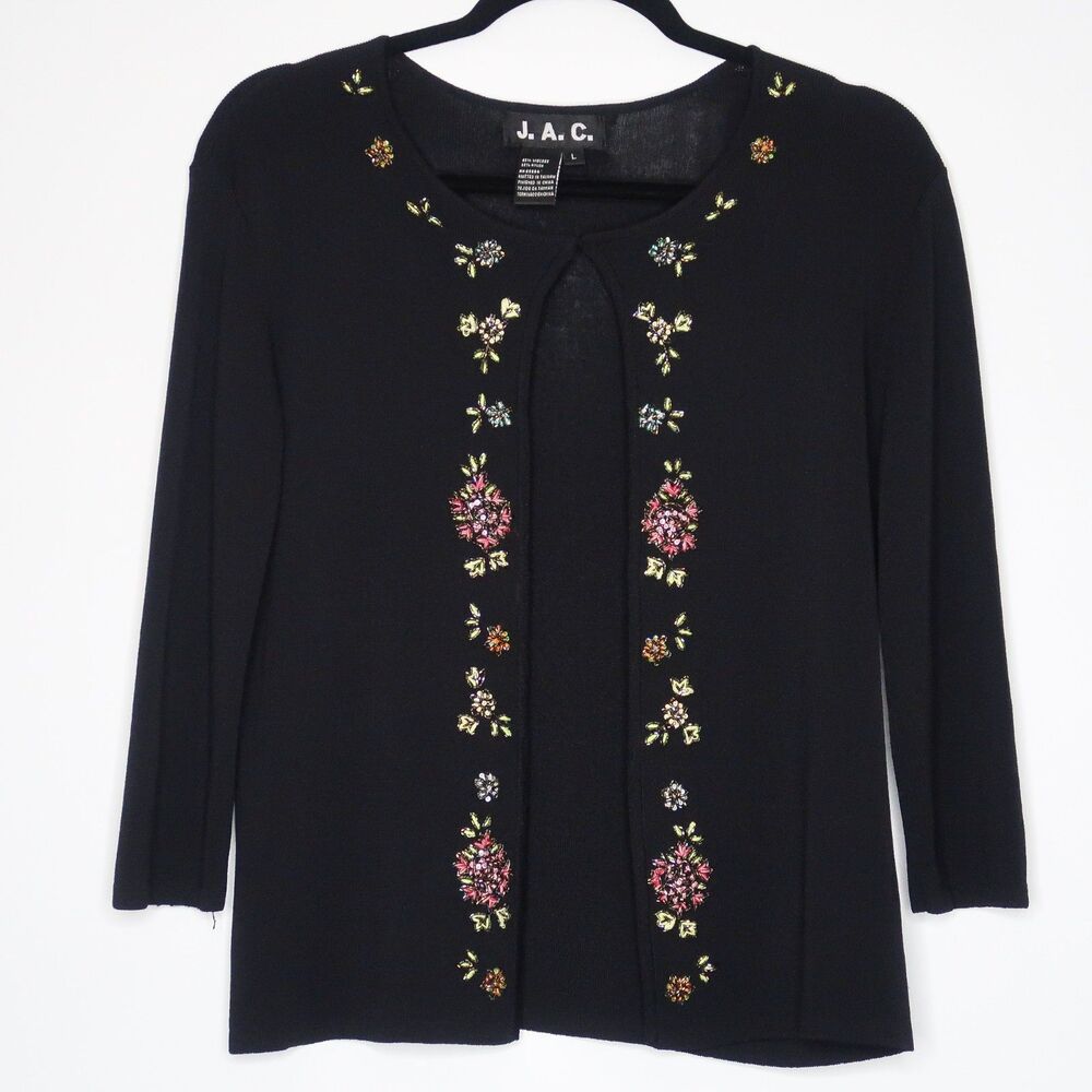 J.A.C. Womens's Cardigan Black Size Large Embellished Beaded Trim Open Front‎